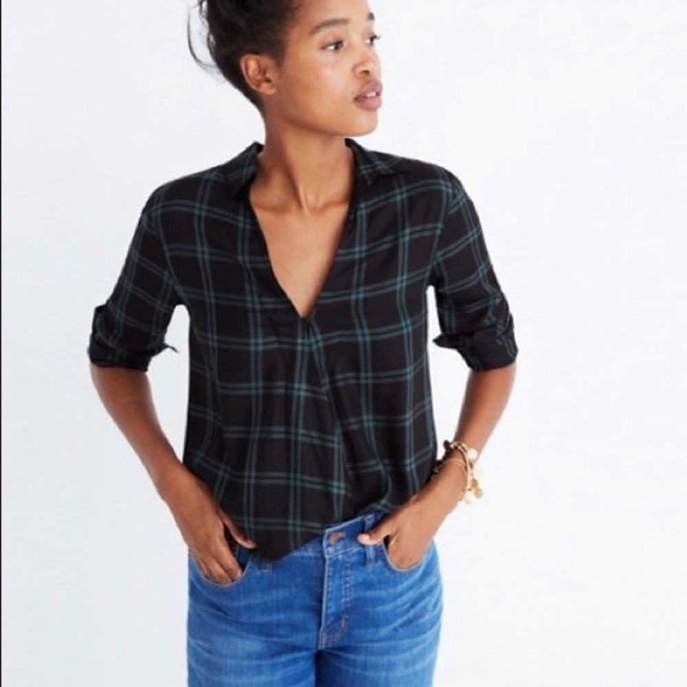 Madewell black and green plaid top